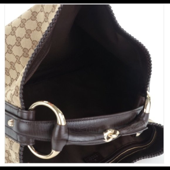 GUCCI Monogram Large Horsebit Chain Hobo Dark Brn - Picture 2 of 9